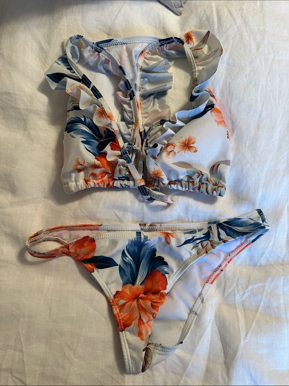 Tropical Ruffle Bikini Set - White with Orange & Navy Floral